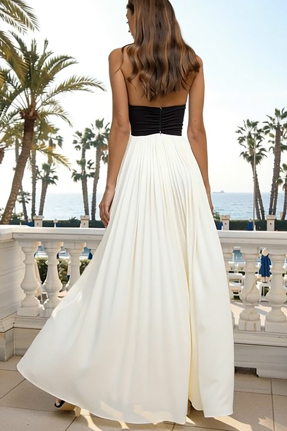 Black and White Sheath Halter Backless Pleated Long Formal Dress