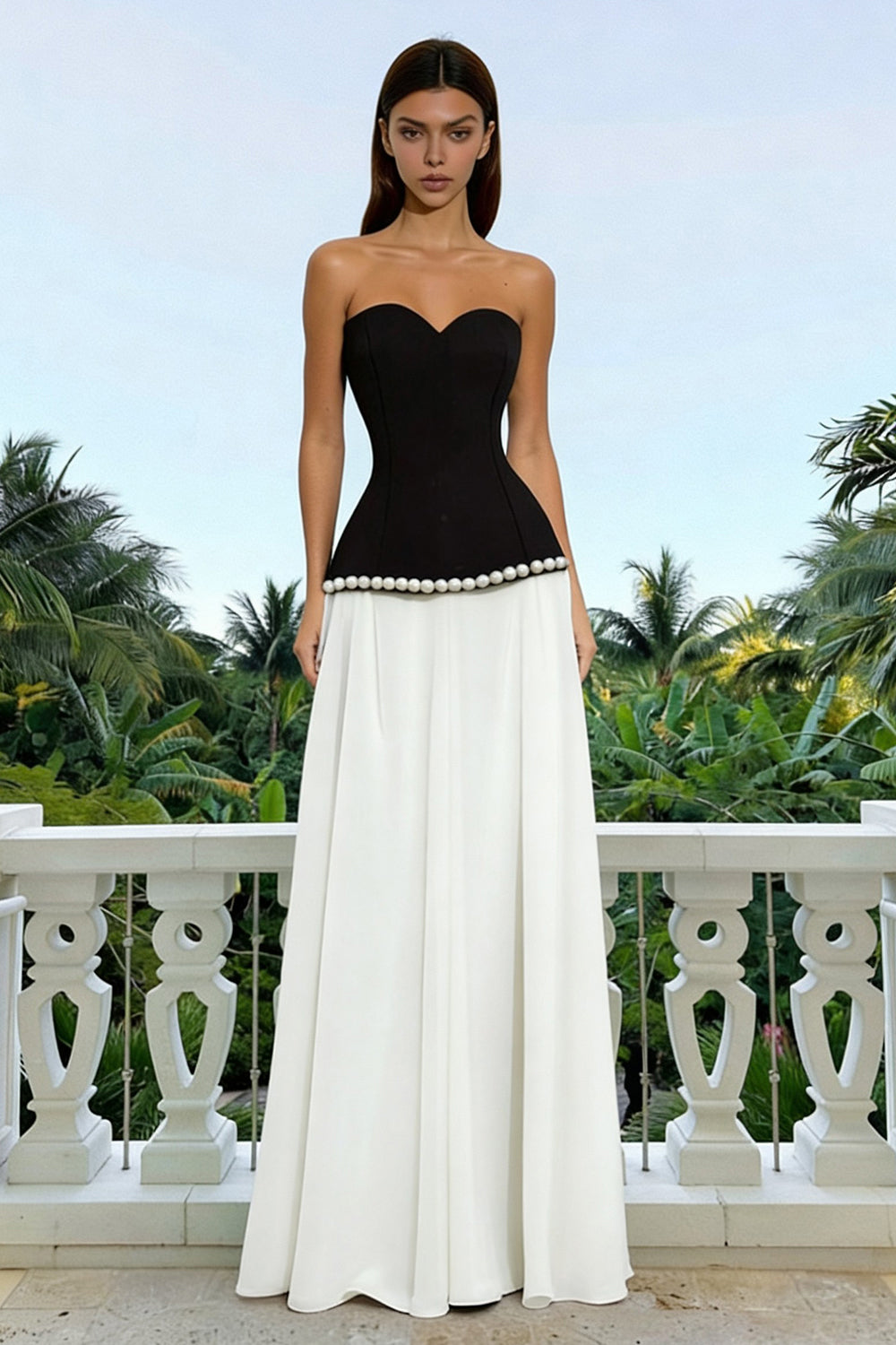 Black and White Sweetheart Long Sheath Formal Dress with Pearls