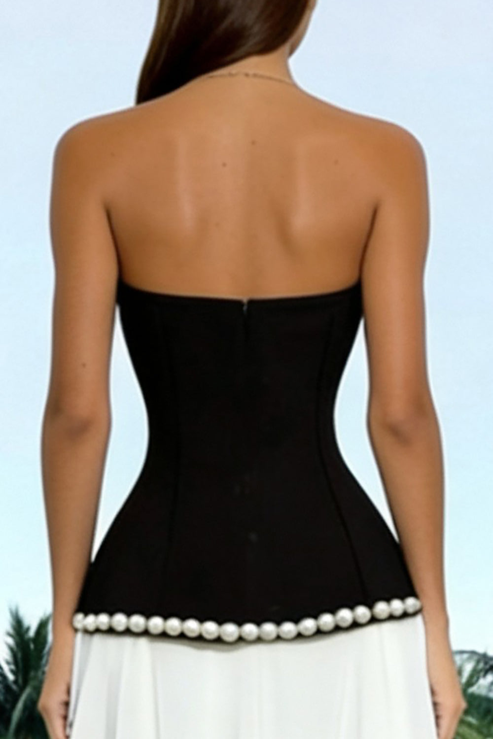 Black and White Sweetheart Long Sheath Formal Dress with Pearls