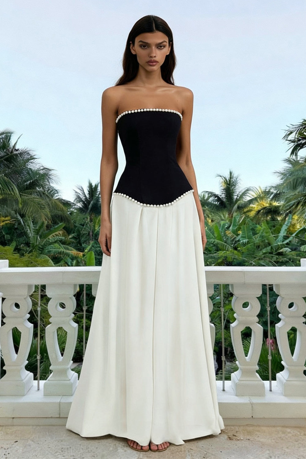 Sparkly Black and White Strapless A Line Long Formal Dress with Pearls