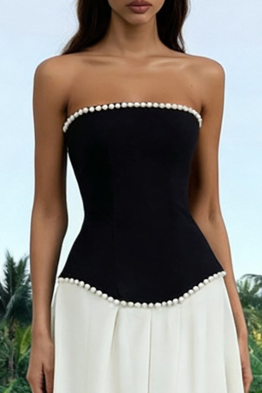 Sparkly Black and White Strapless A Line Long Formal Dress with Pearls