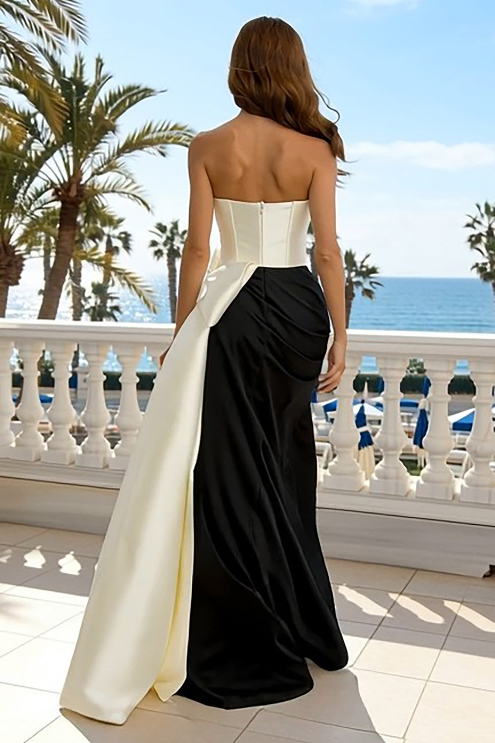 Black and White Strapless Satin Long Mermaid Formal Dress with Bow