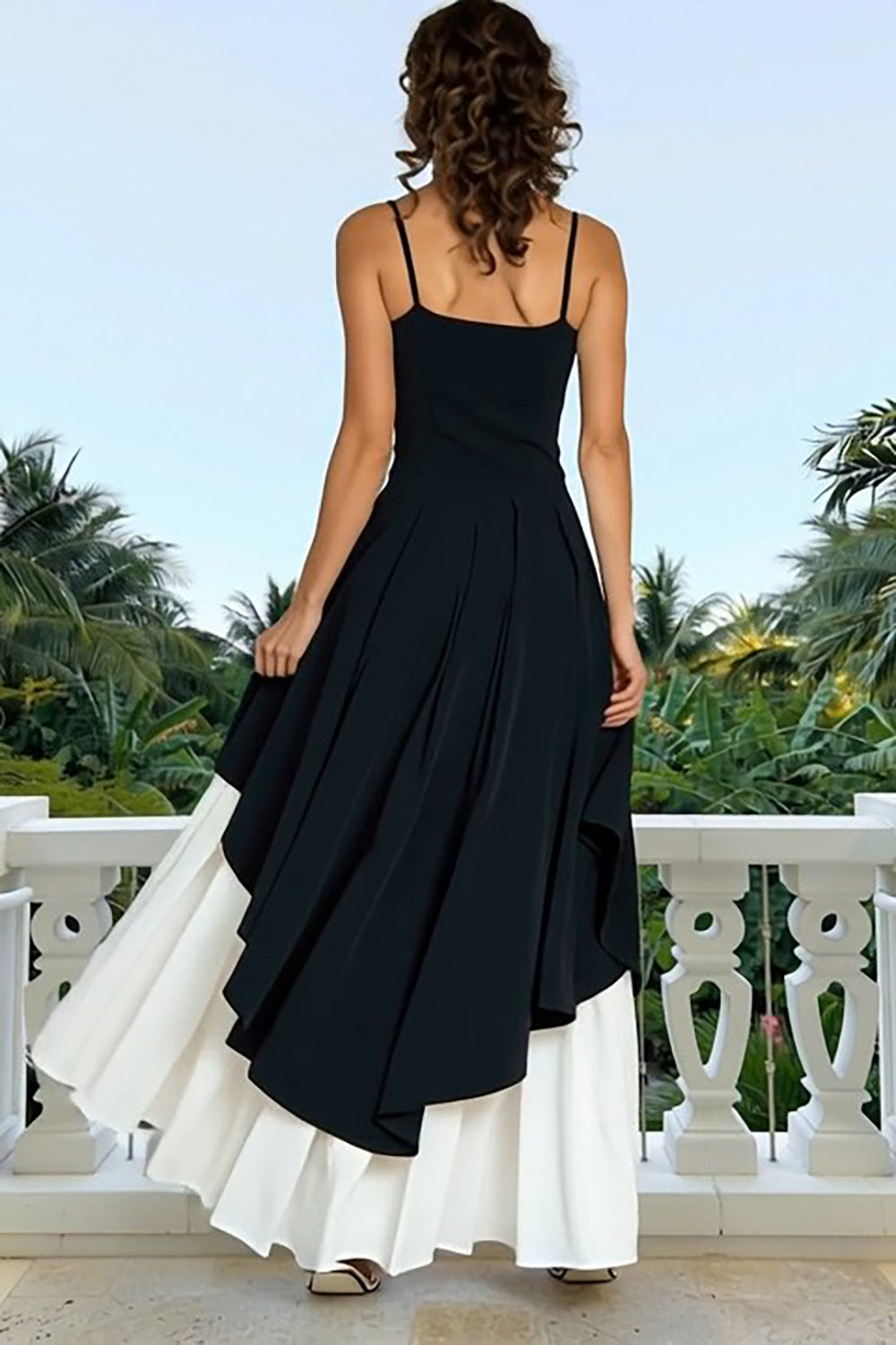 Flowy Black and White A Line Spaghetti Straps Long Formal Dress
