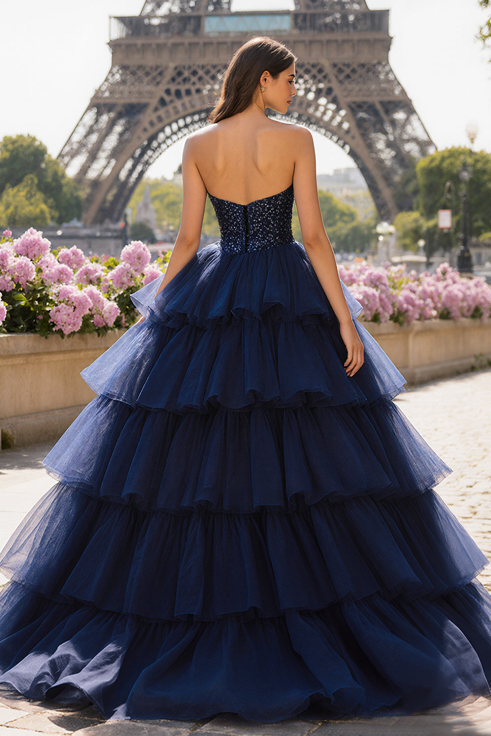 Sparkly Navy Strapless Tiered Ball Gown Long Prom Dress with Slit