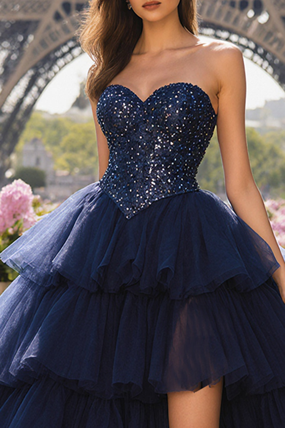 Sparkly Navy Strapless Tiered Ball Gown Long Prom Dress with Slit