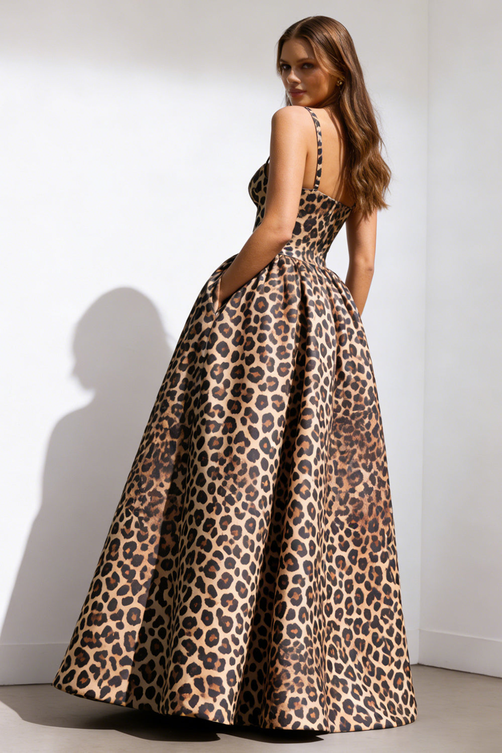 Brown Leopard Print Spaghetti Straps A Line Long Corset Prom Dress