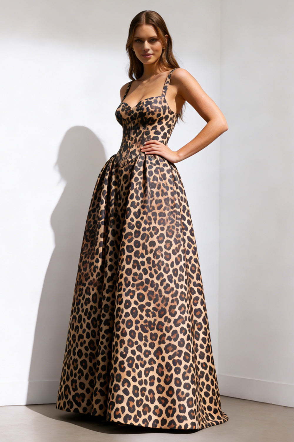 Brown Leopard Print Spaghetti Straps A Line Long Corset Prom Dress