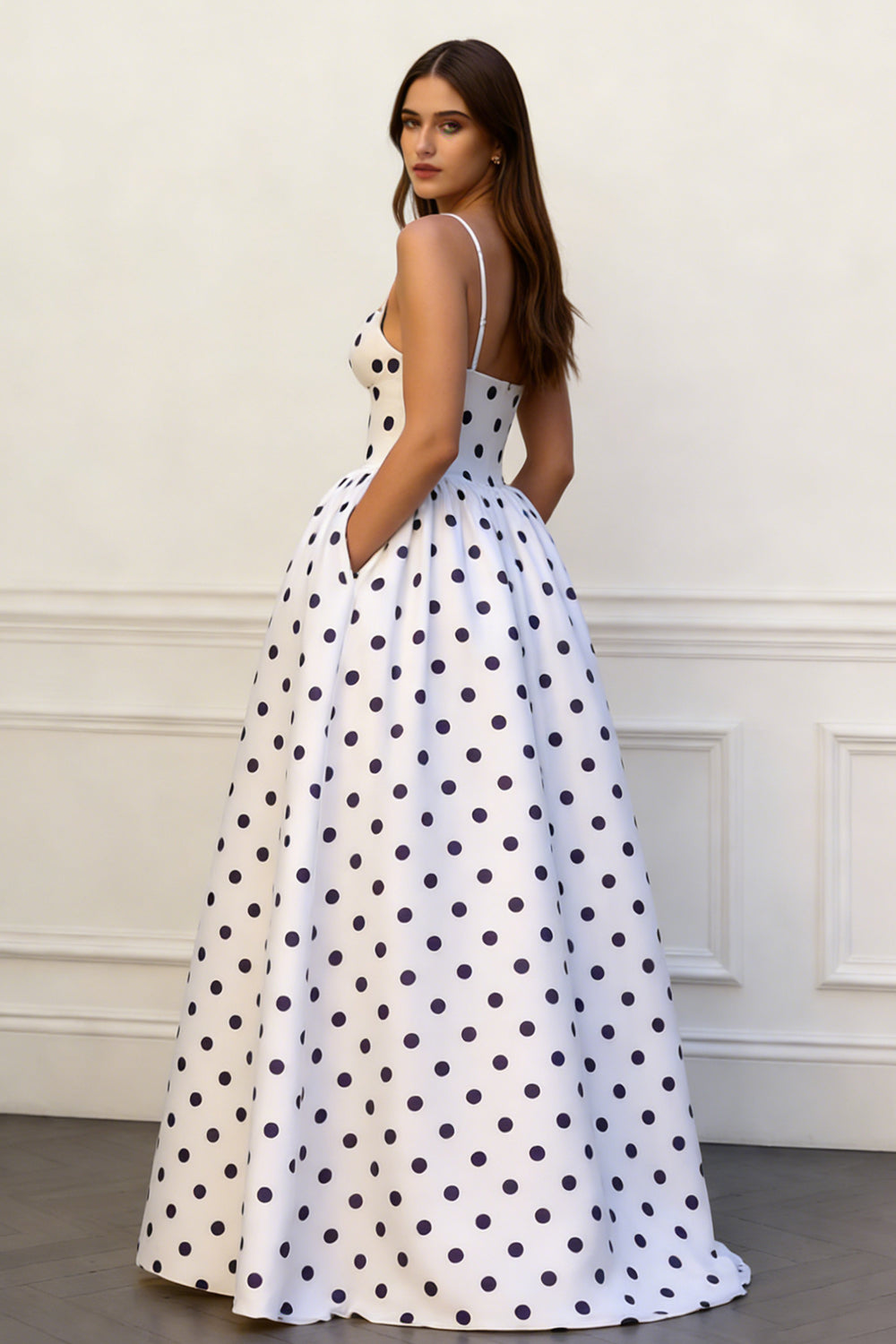 Black and White Dots Spaghetti Straps A Line Long Prom Dress