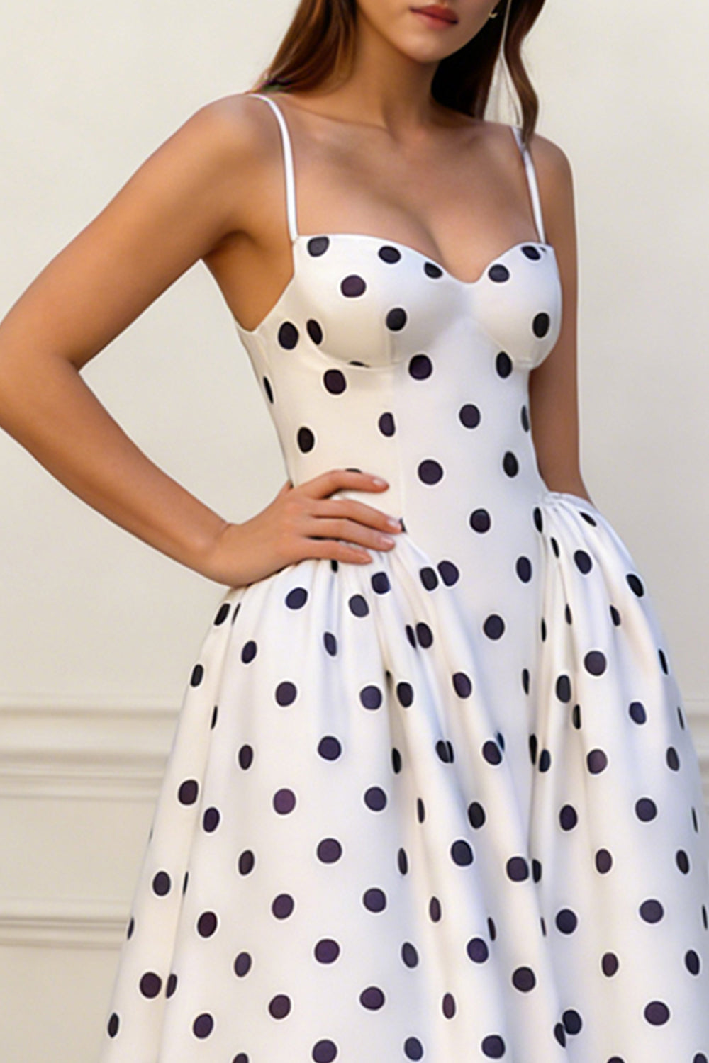 Black and White Dots Spaghetti Straps A Line Long Prom Dress
