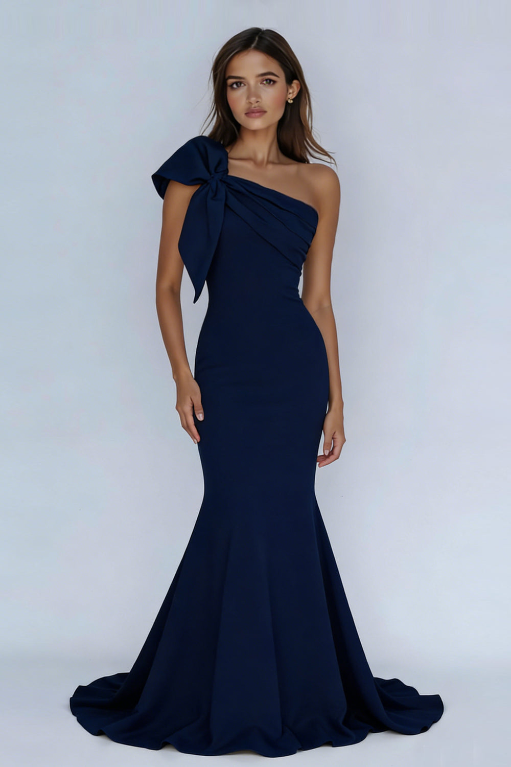 Elegantt Navy One Shoulder Mermaid Long Prom Dress with Bow
