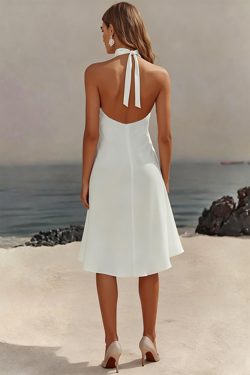 Flowy White Chiffon A Line Halter Backless Mini Bridal Shower Dress