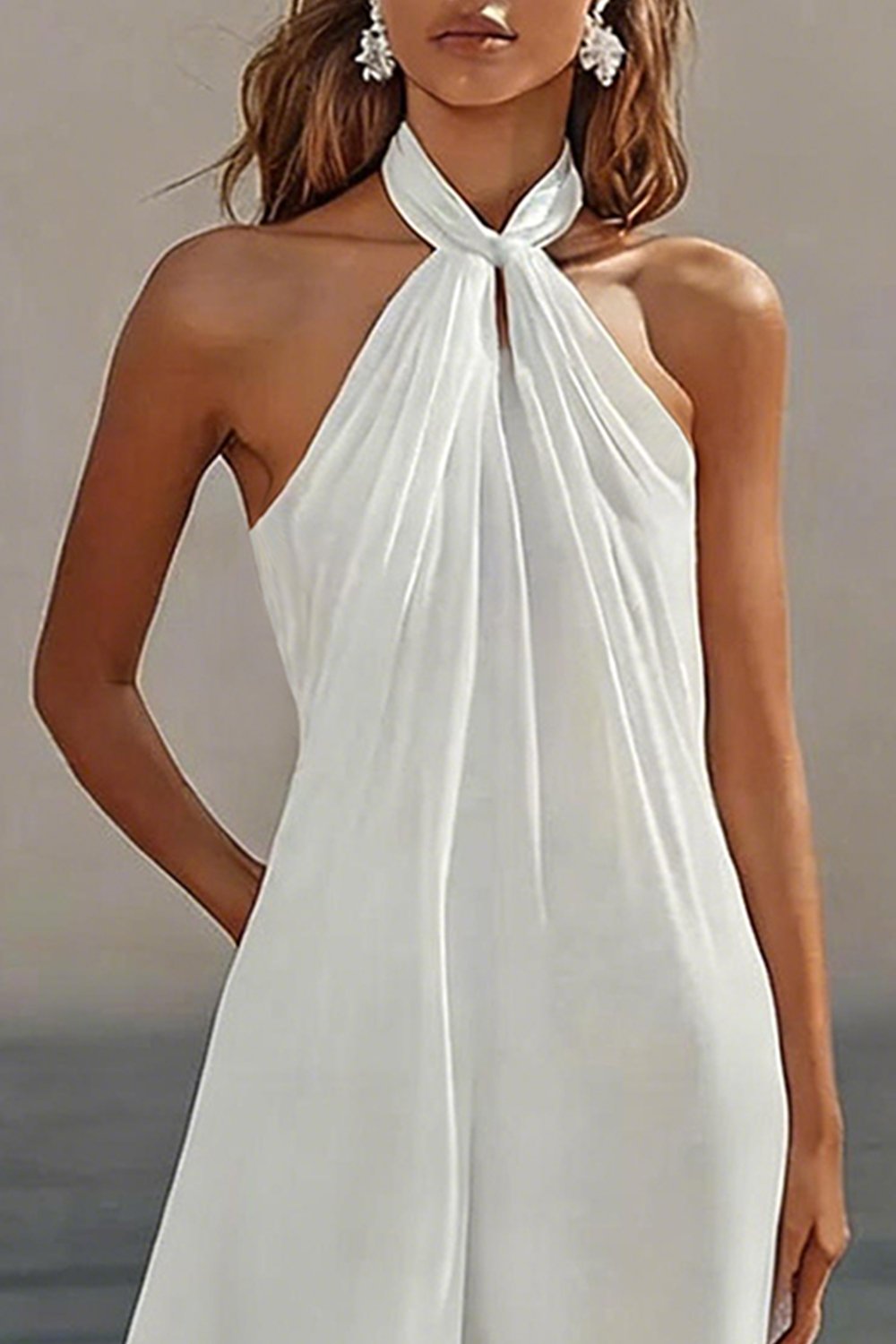 Flowy White Chiffon A Line Halter Backless Mini Bridal Shower Dress