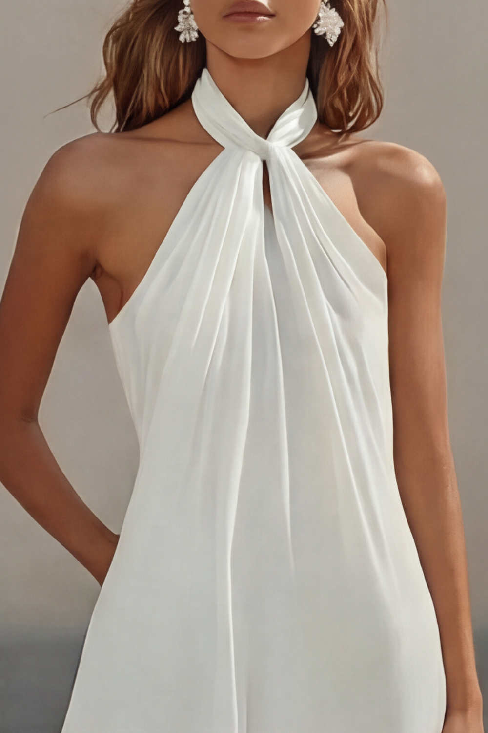 Flowy White Chiffon A Line Halter Backless Mini Bridal Shower Dress