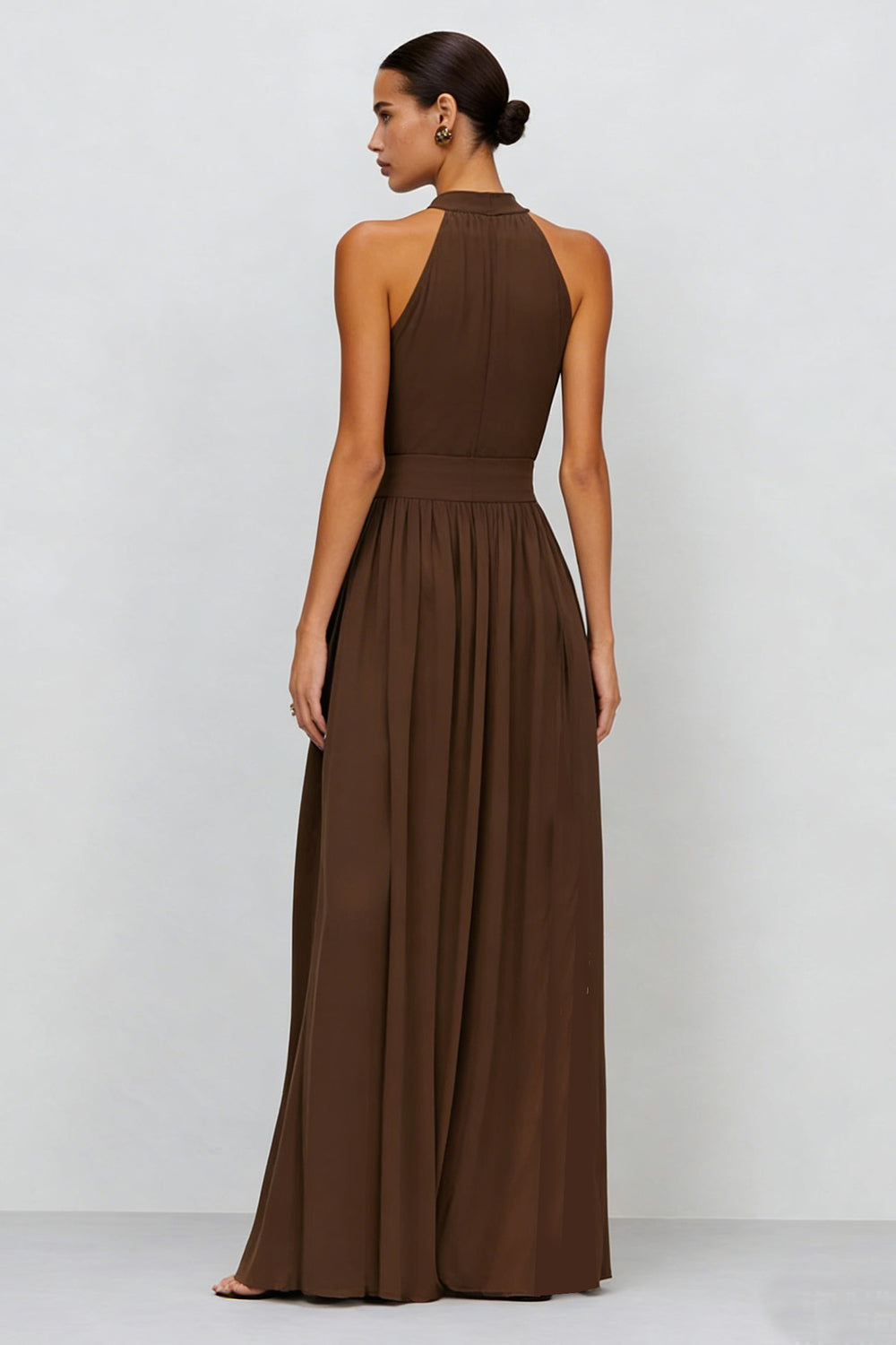 Brown A Line High Neck Long Pleated Formal Dress with Slit