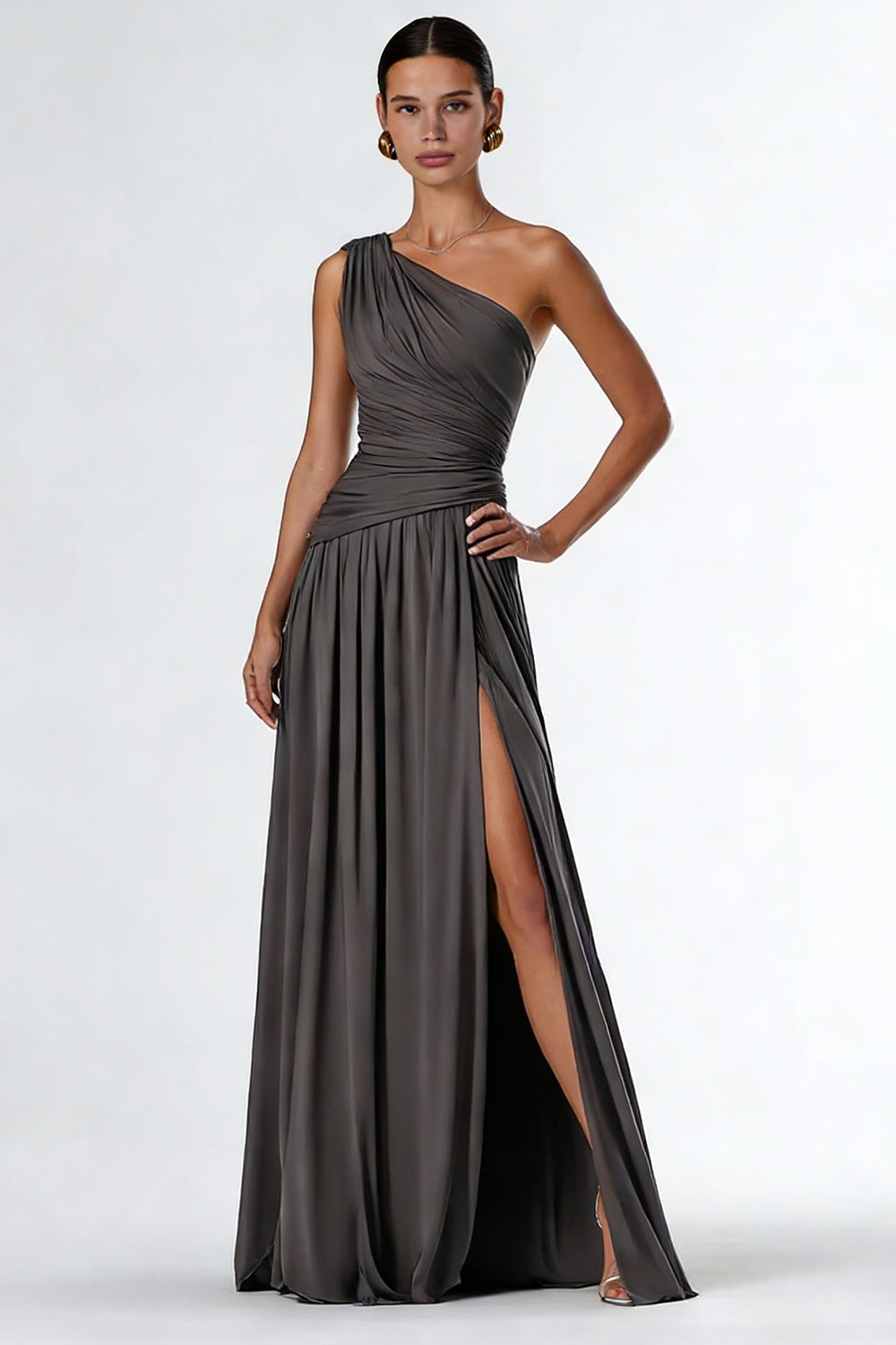 Dark Grey A Line Pleated One Shoulder Long Formal Dress with Slit
