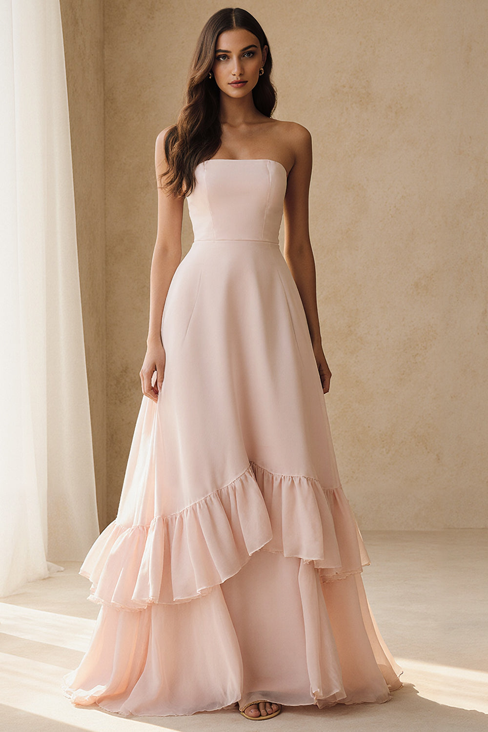 Flowy Light Pink A Line Strapless Ruffled Long Formal Dress