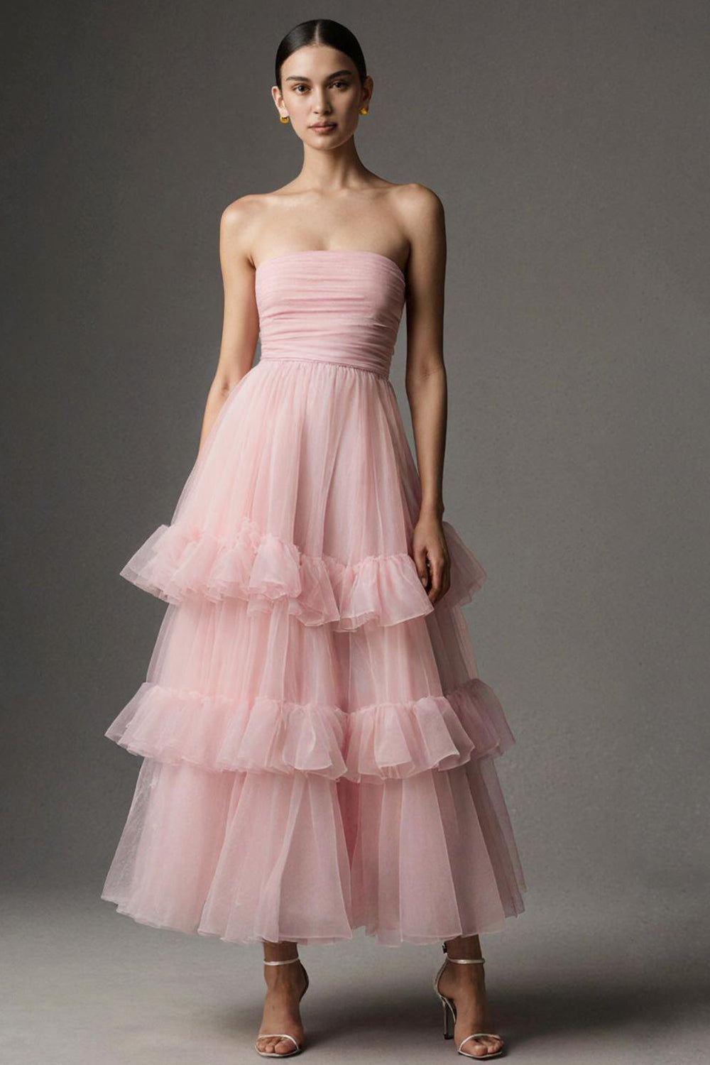 Pink A Line Organza Strapless Ruffled Long Formal Dress