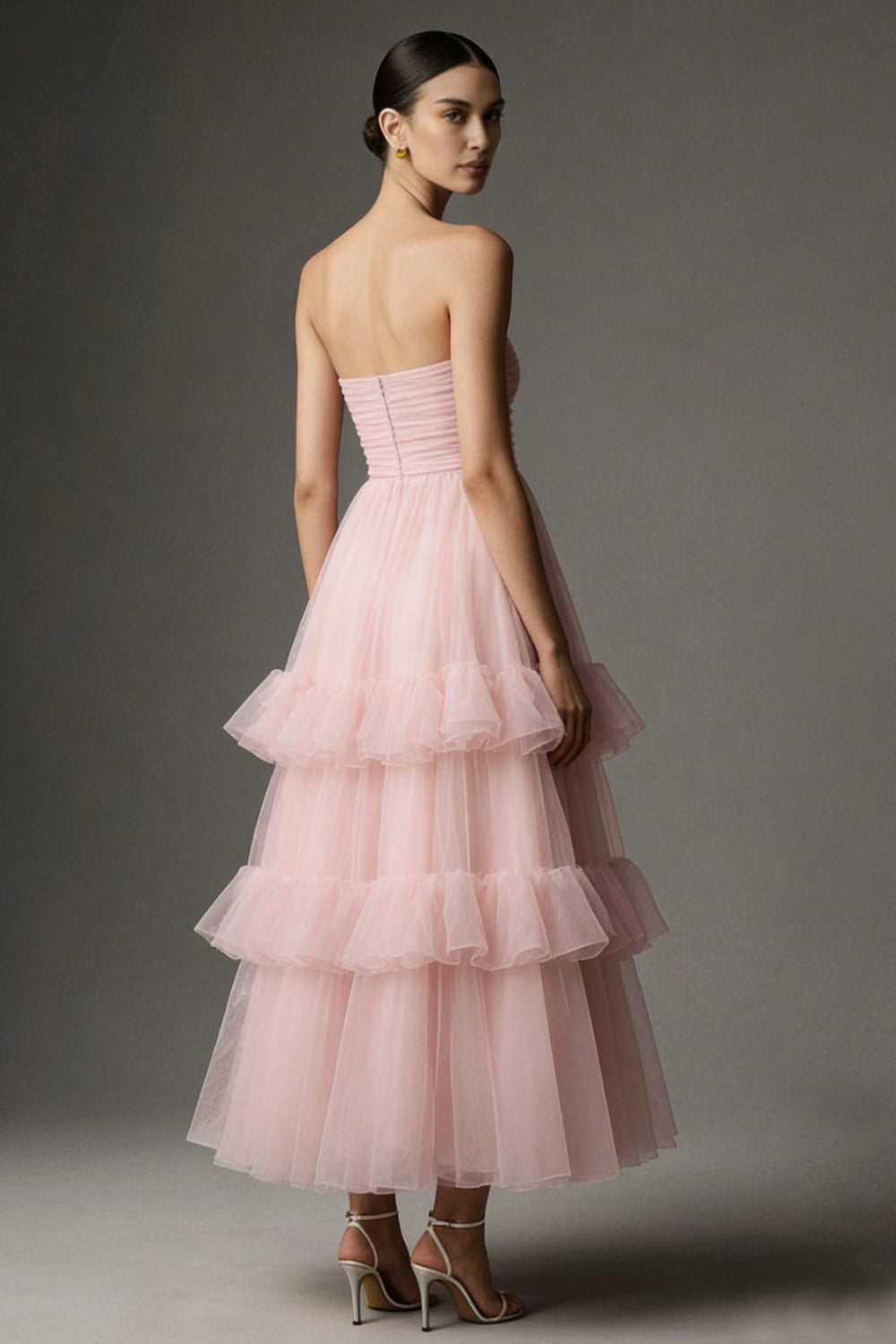Pink A Line Organza Strapless Ruffled Long Formal Dress
