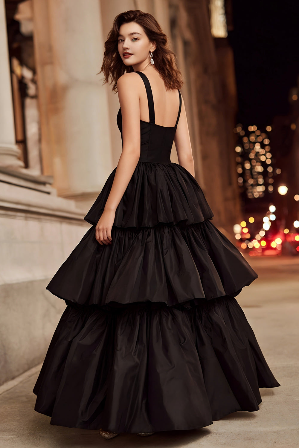 Black Thick Straps Ball Gown Tiered Long Formal Dress