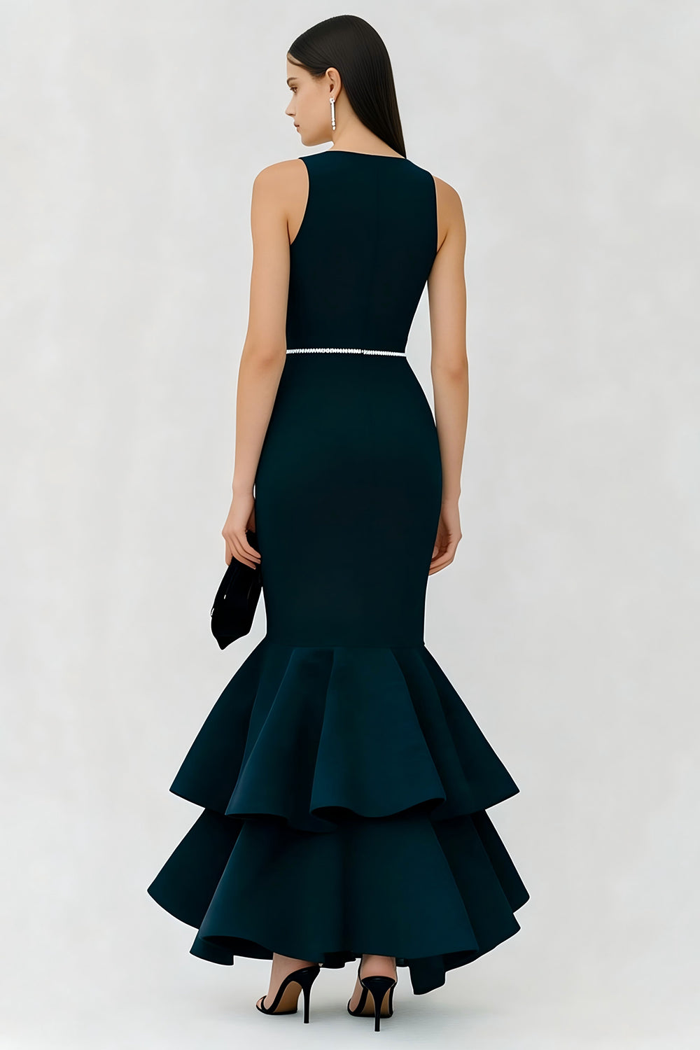 Sparkly Navy Boat Neck Long Mermaid Formal Dress with Ruffles