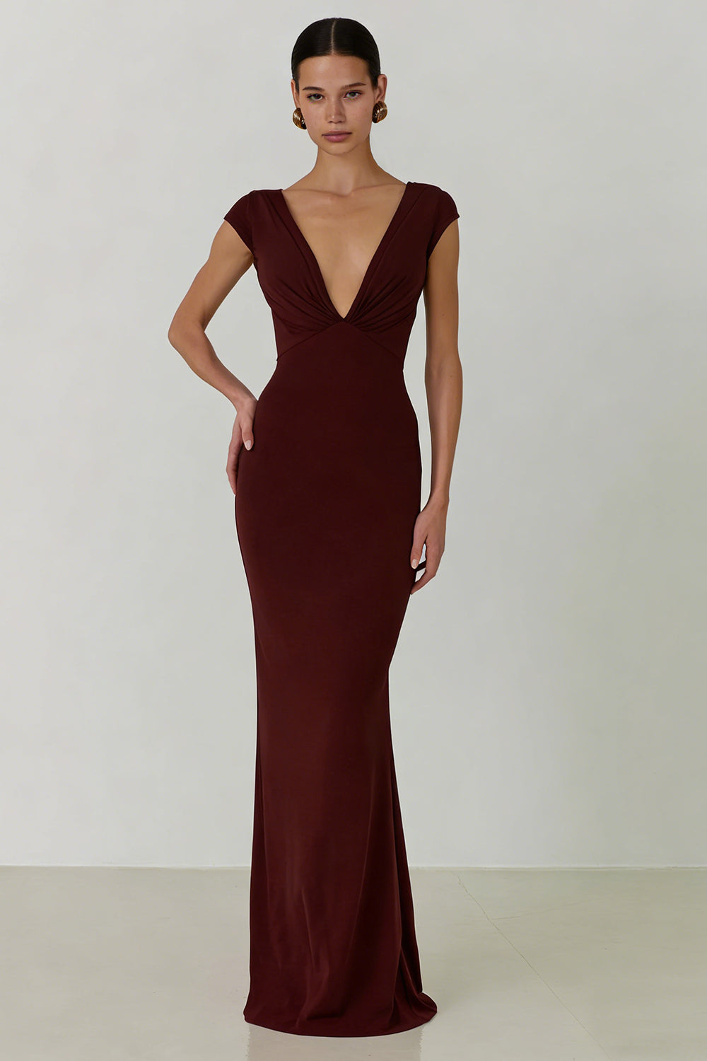 Cabernet V Neck Backless Cap Sleeves Long Mermaid Formal Dress