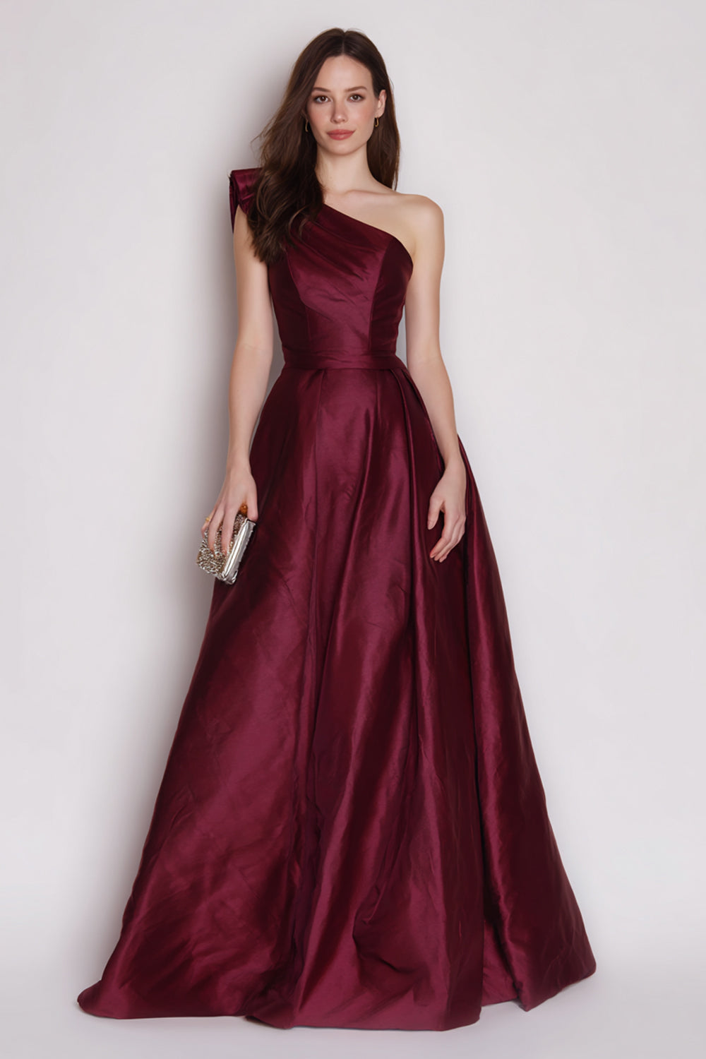 Elegant Burgundy One Shoulder A Line Long Satin Formal Dress