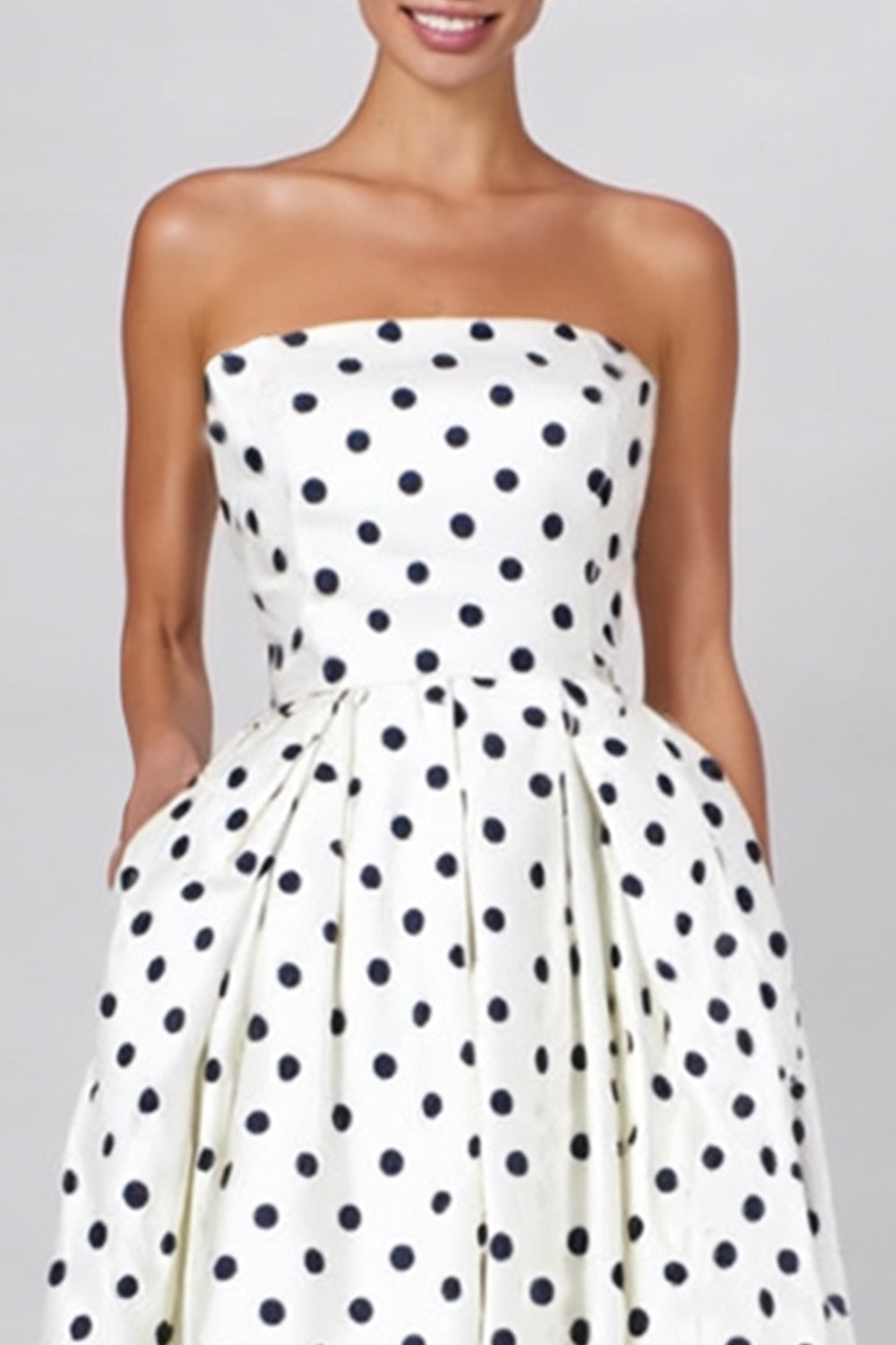 Black and White Polka Dots A Line Long Strapless Formal Dress