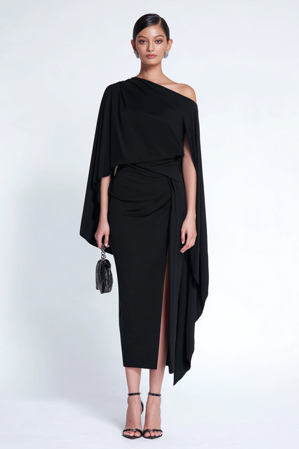 Black Sheath One Shoulder Midi Formal Dress with Cape