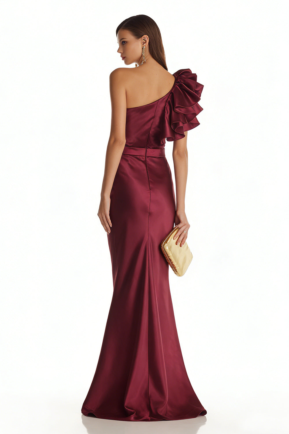 Elegant Burgundy One Shoulder Mermaid Long Satin Formal Dress with 3D Flower