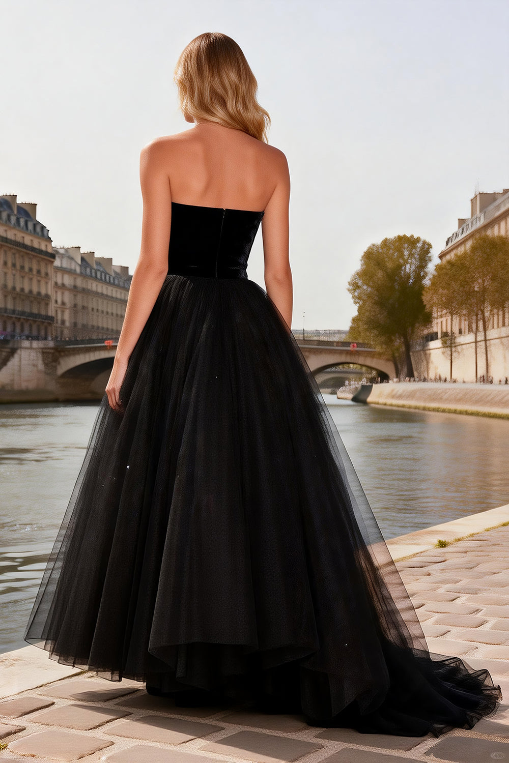 Sparkly Black Ball Gown Tulle Strapless Long Prom Dress