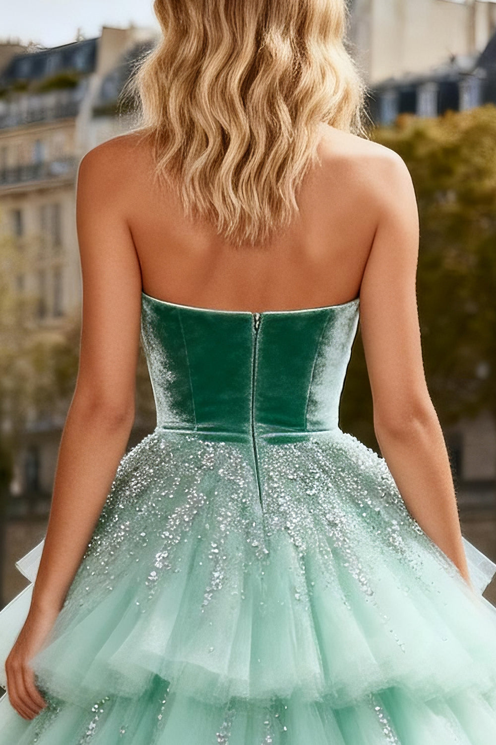 Sparkly Mint Green Velvet Ball Gown Strapless Long Prom Dress with Ruffles