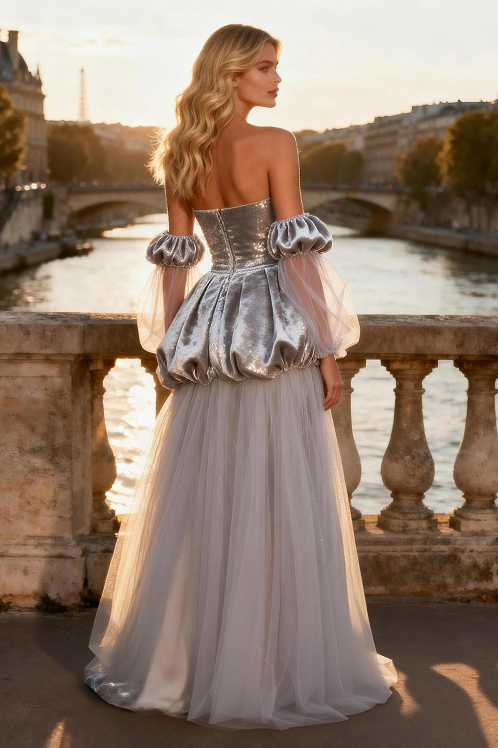 Sparkly Silver Sequin Puff Sleeves Strapless Long Mermaid Prom Dress with Slit