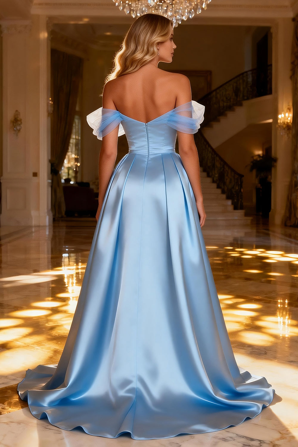 Sparkly Sky Blue Off the Shoulder Long Satin Prom Dress with Cape