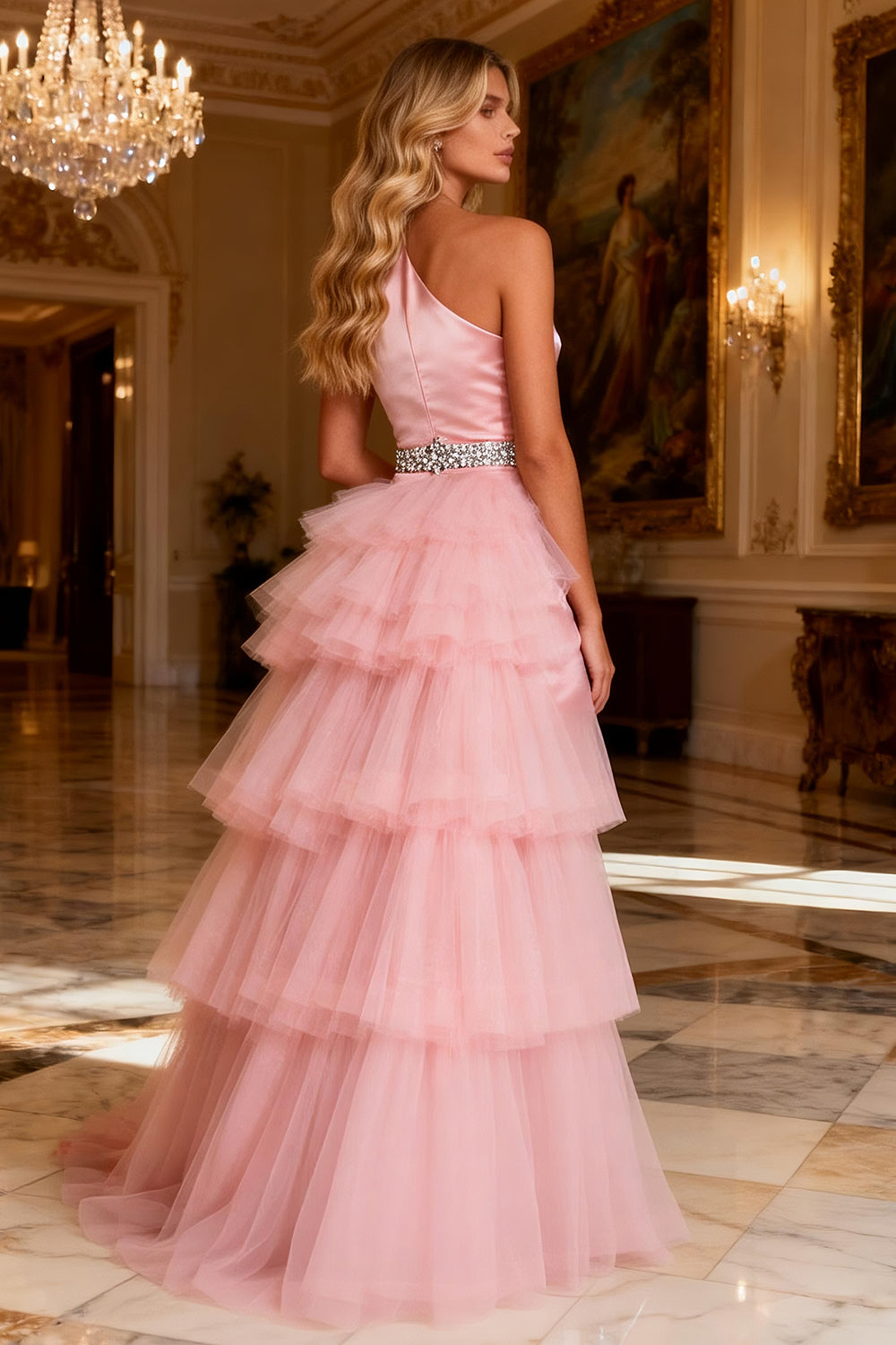 Sparkly Pink Satin One Shoulder Long Prom Dress with Cape