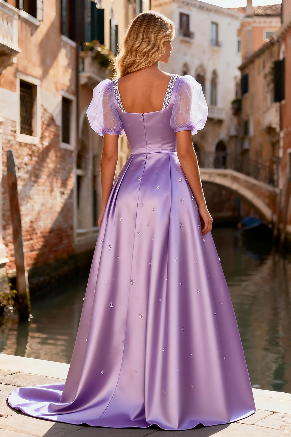 Sparkly Light Purple Ball Gown Long Satin Prom Dress with Sleeves