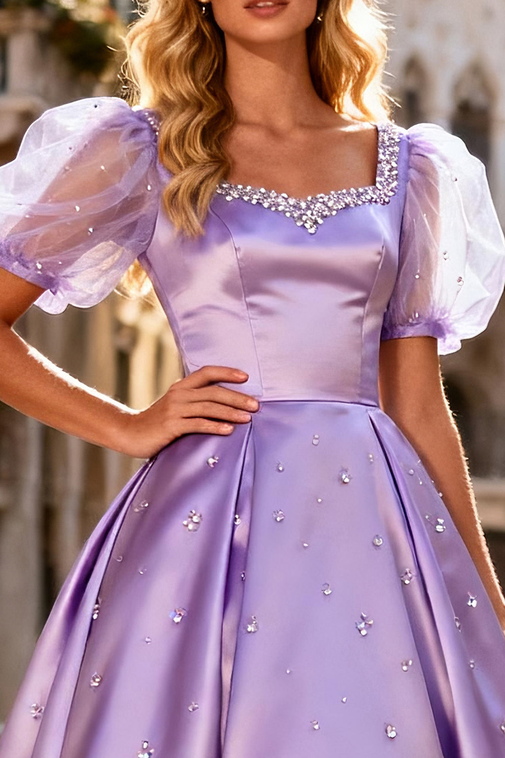 Sparkly Light Purple Ball Gown Long Satin Prom Dress with Sleeves