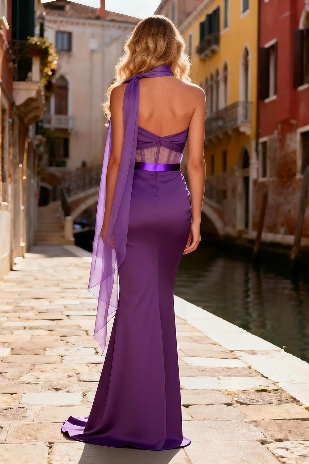Purple One Shoulder Corset Mermaid Long Satin Prom Dress with Slit