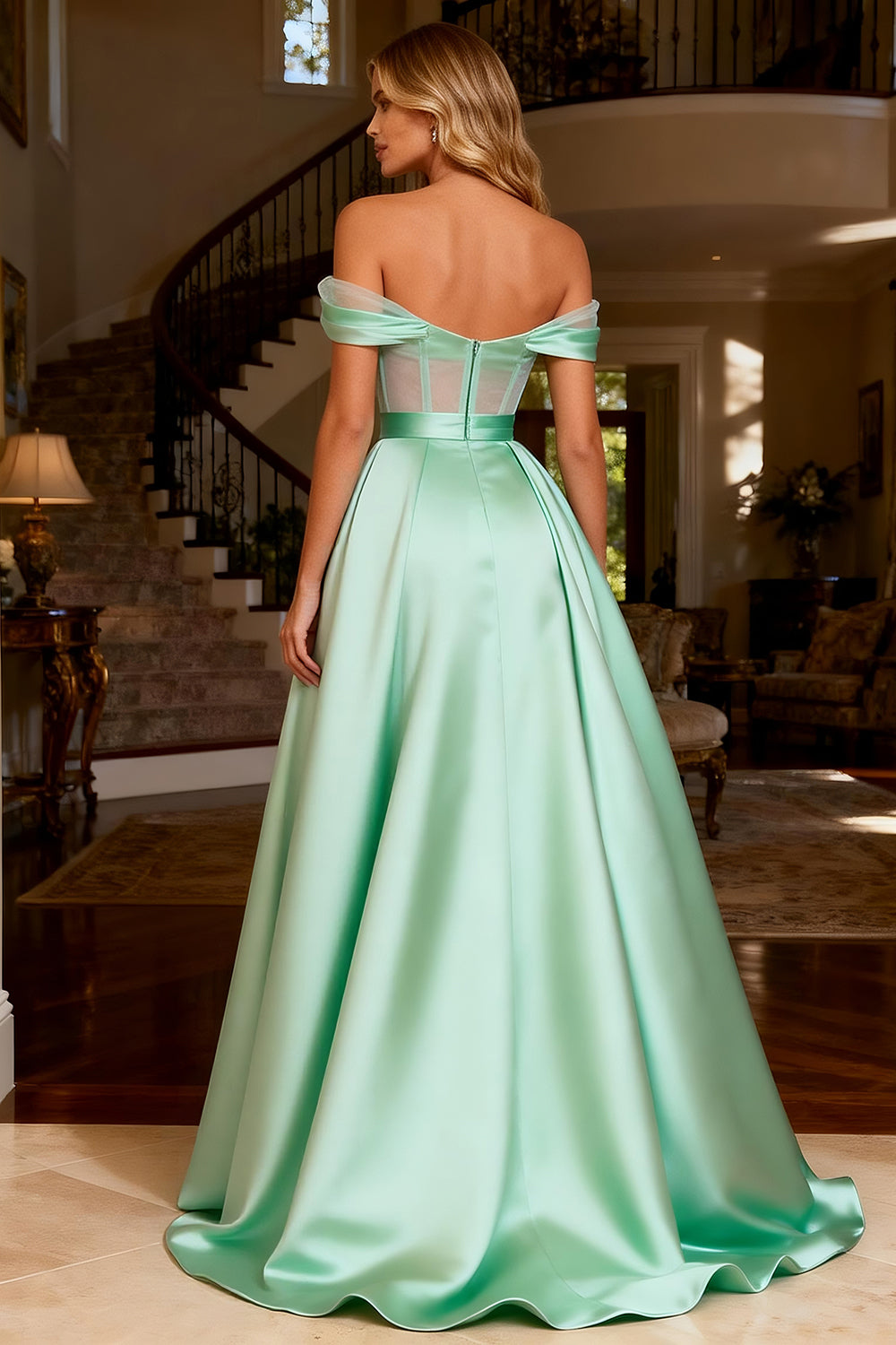 Sparkly Mint Green Satin Off the Shoulder Ball Gown Long Corset Prom Dress