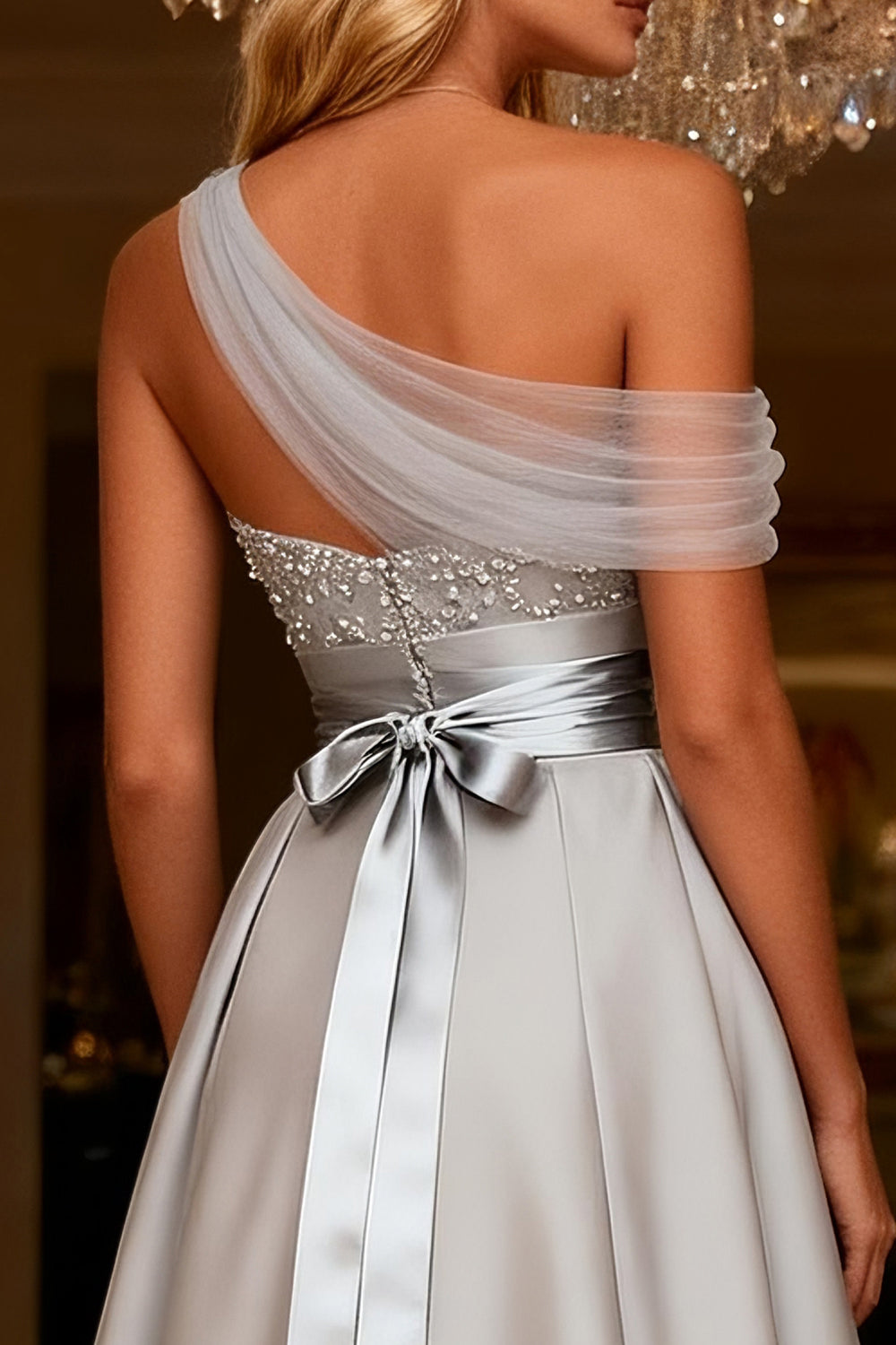 Sparkly Grey A Line One Shoulder Long Satin Prom Dress with Bow