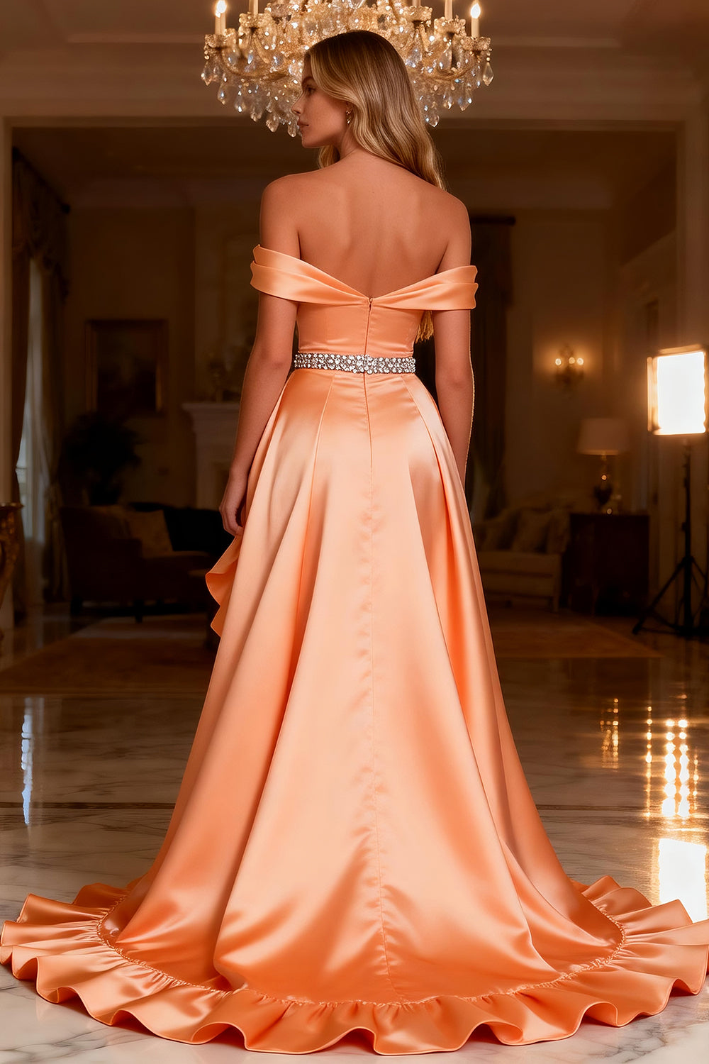 Sparkly Orange A-Line Off the Shoulder Ruffled Long Satin Prom Dress with Slit