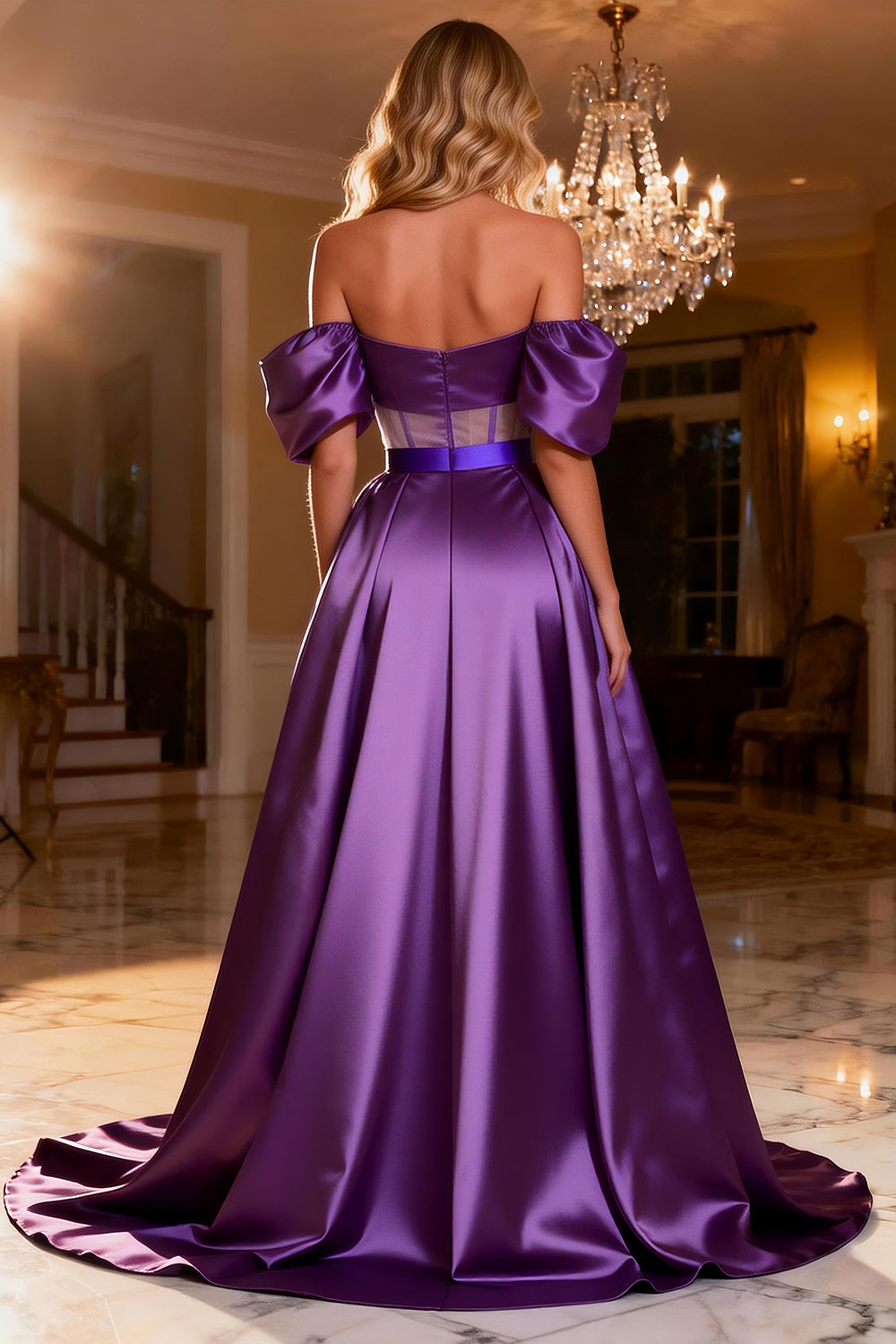 Purple Satin Off the Shoulder Ball Gown Long Corset Prom Dress with Slit