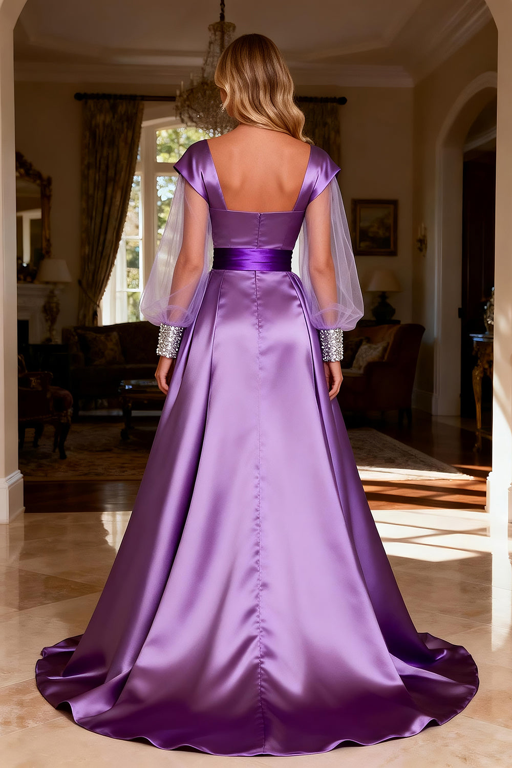 Sparkly Purple Beaded Satin Ball Gown Long Prom Dress with Cape