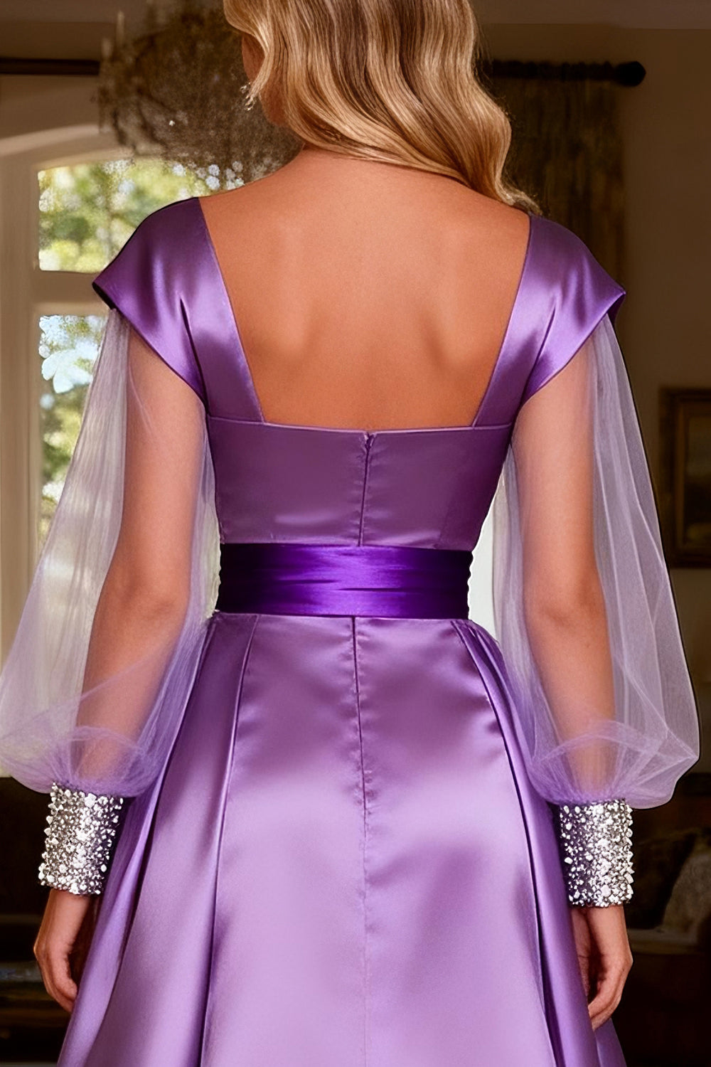 Sparkly Purple Beaded Satin Ball Gown Long Prom Dress with Cape