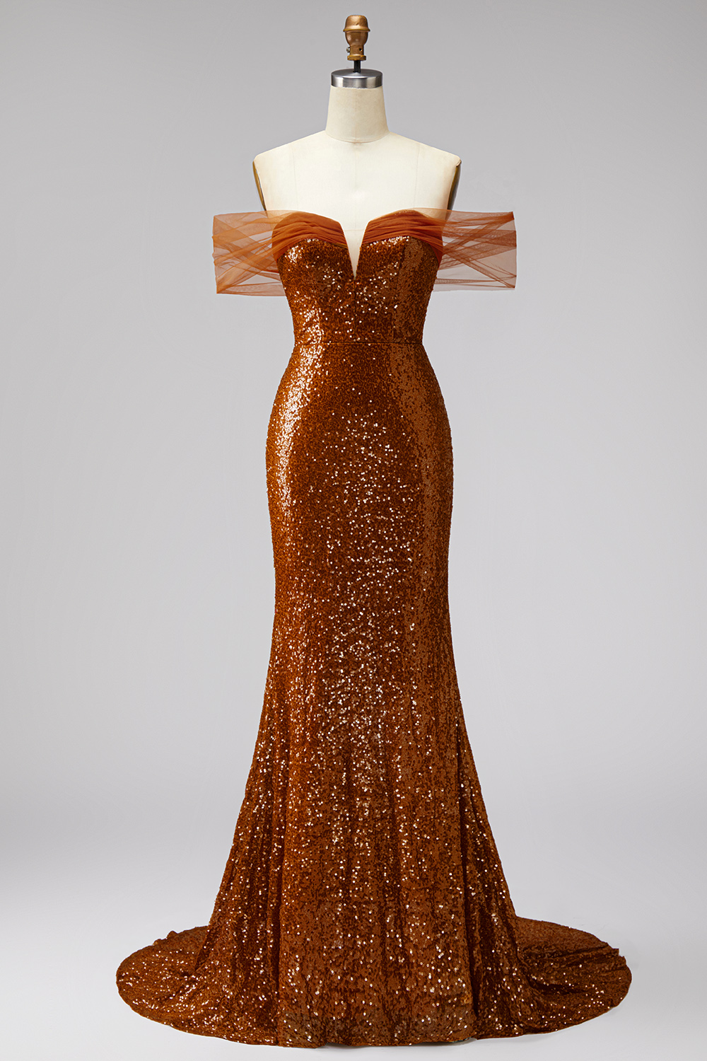 Sparkly Bronze Off the Shoulder Mermaid Long Sequin Prom Dress