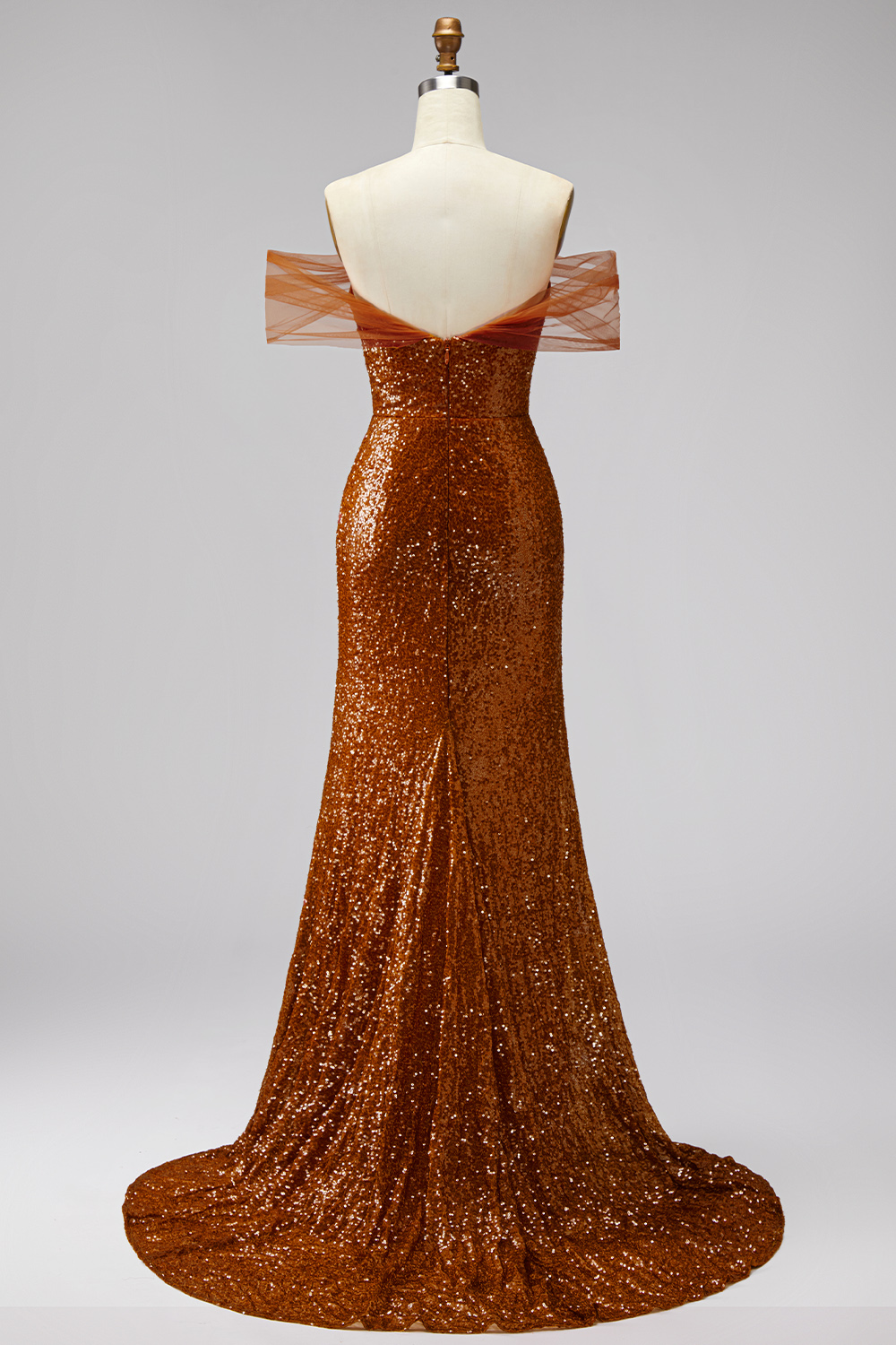 Sparkly Bronze Off the Shoulder Mermaid Long Sequin Prom Dress