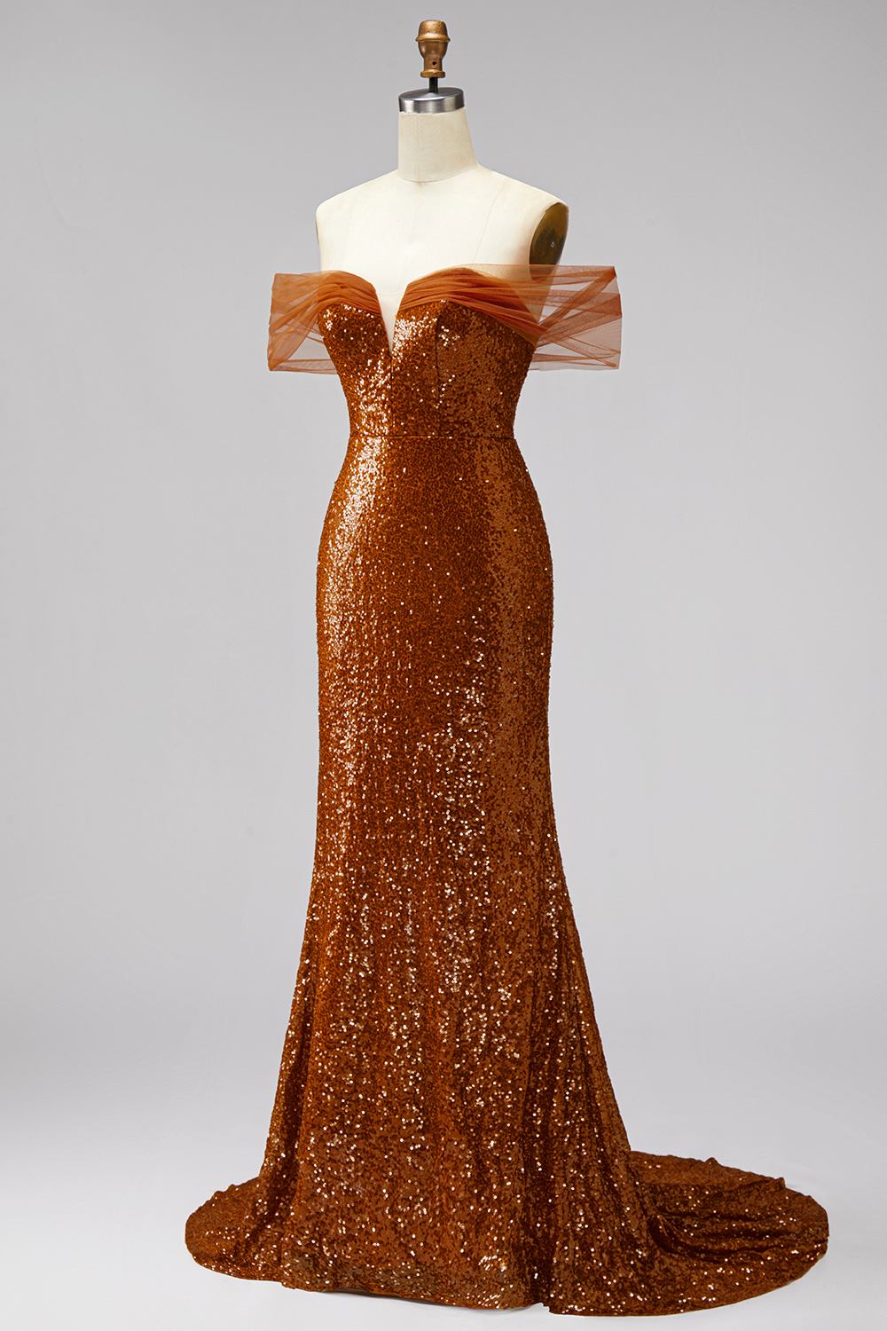 Sparkly Bronze Off the Shoulder Mermaid Long Sequin Prom Dress