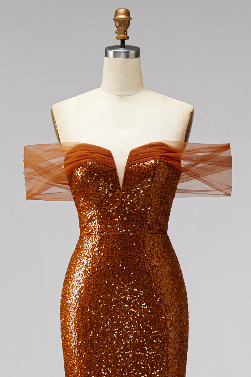 Sparkly Bronze Off the Shoulder Mermaid Long Sequin Prom Dress