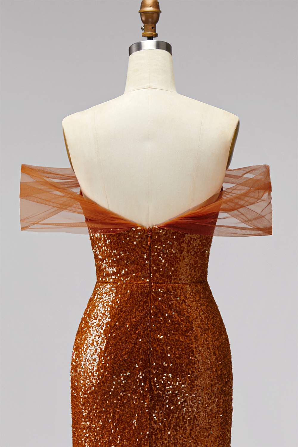 Sparkly Bronze Off the Shoulder Mermaid Long Sequin Prom Dress