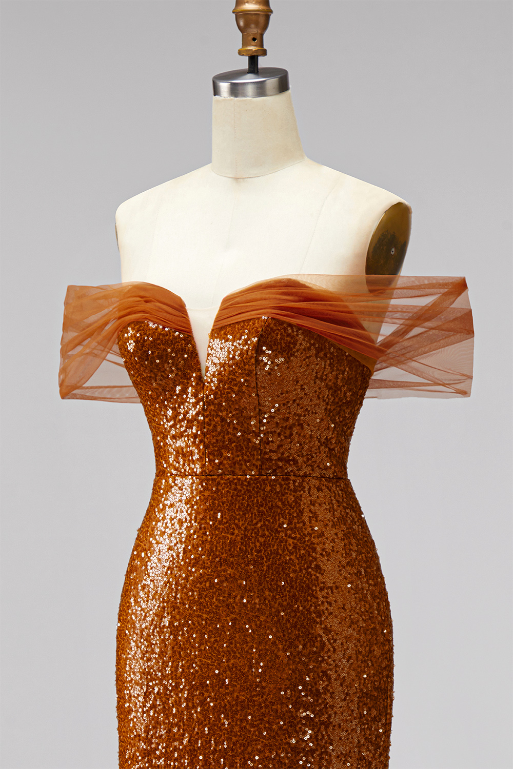 Sparkly Bronze Off the Shoulder Mermaid Long Sequin Prom Dress