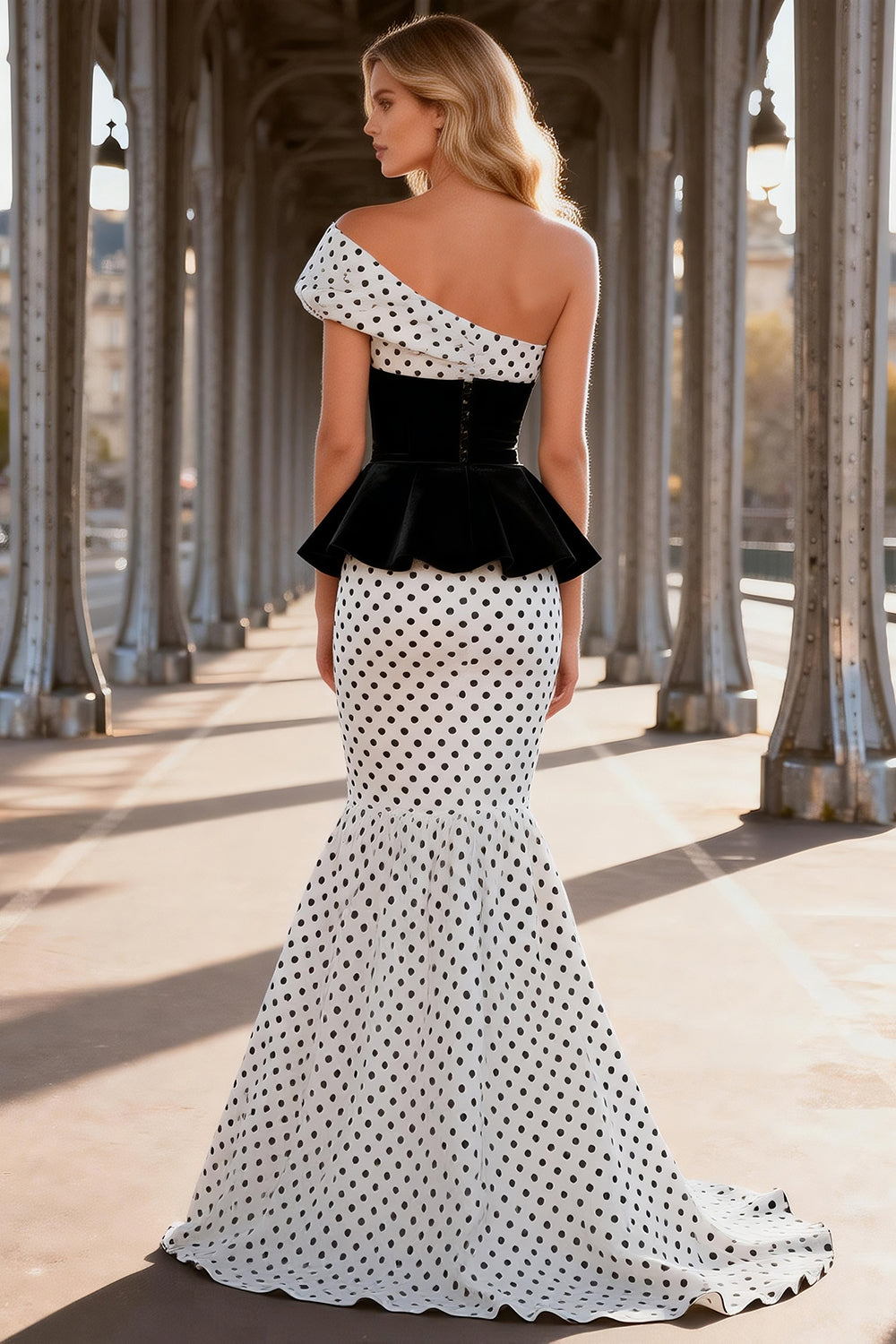 Black and White Polka Dots Satin One Shoulder Long Mermaid Prom Dress